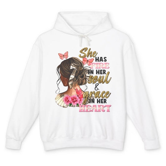 Messy Bun She Has Fire In Her Soul Grace In Heart Christian Unisex Lightweight Hoodie