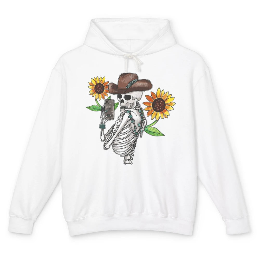 Western Cowboy Hat Skeleton Sunflower Funny Skeleton Selfie Unisex Lightweight Hoodie