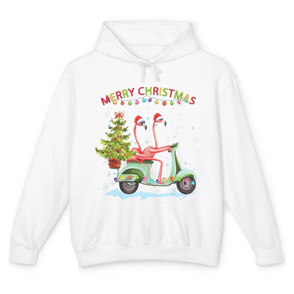 Merry Christmas Flamingos Santa Hat Xmas Lights Motorbike Unisex Lightweight Hoodie