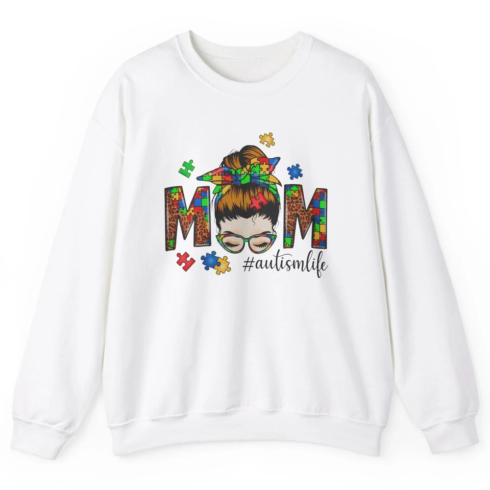 Autism Mom Messy Bun Hair Autism Leopard Puzzle Bandana Unisex Crewneck Sweatshirt