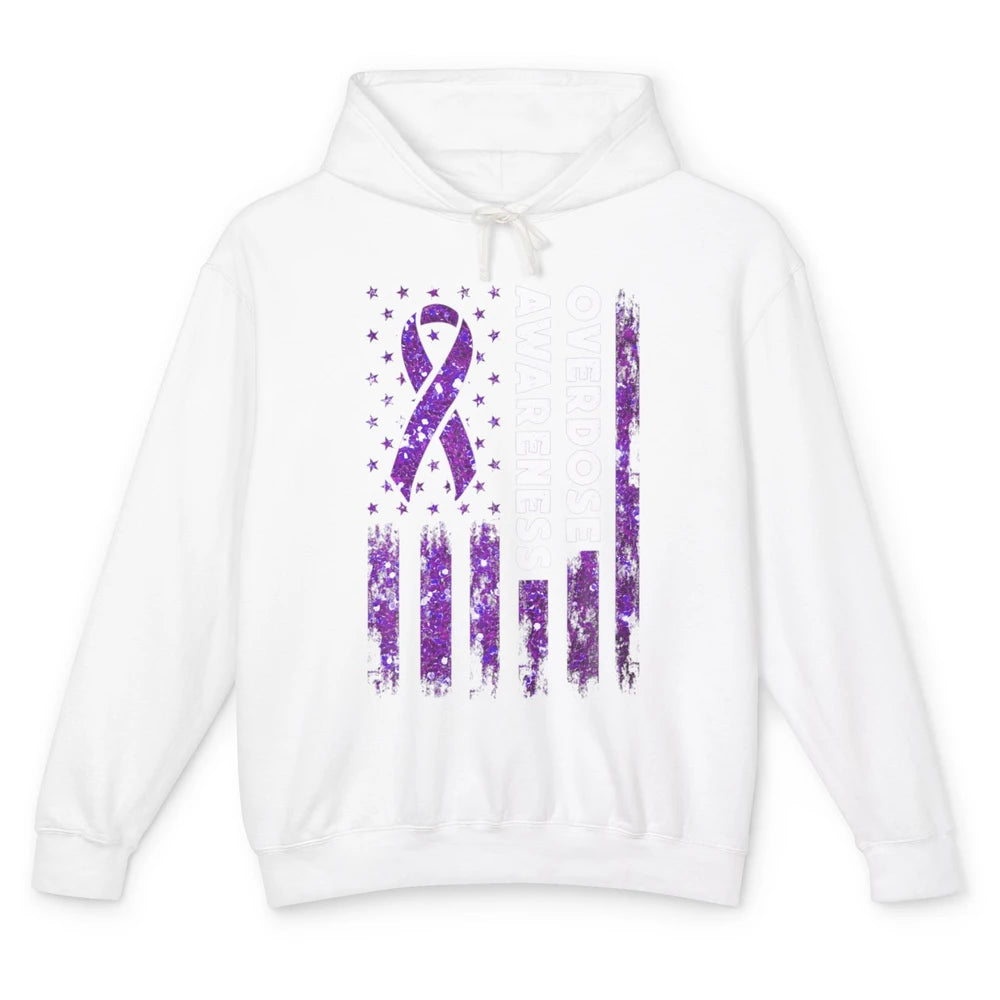 Overdose Awareness US Flag Purple Ribbon Addiction Warrior Unisex Lightweight Hoodie