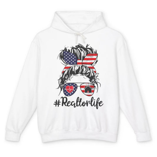 Messy Hair Bun 4th July Flag Realtor Life Real Estate Agent Unisex Lightweight Hoodie