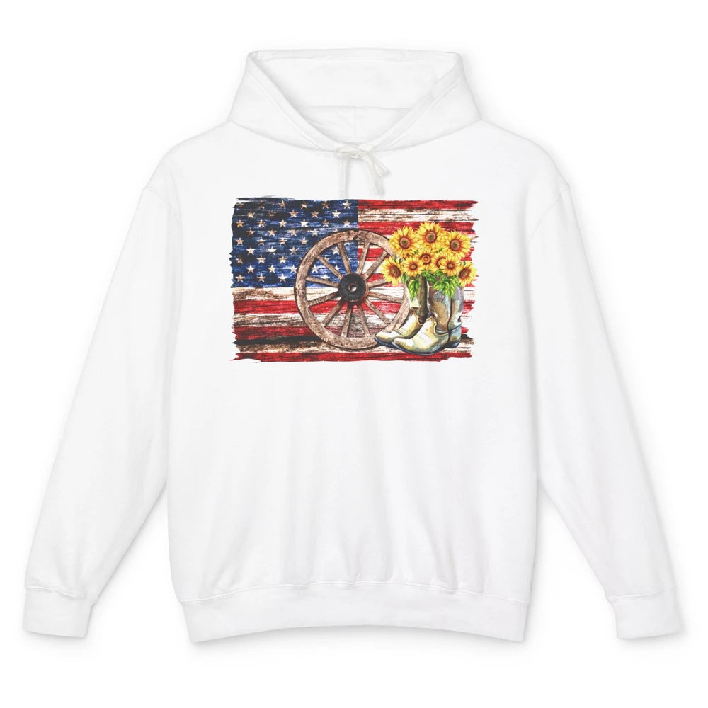 Retro US Flag Sunflower Cowgirl Boots Texas Cowboy Western Unisex Lightweight Hoodie