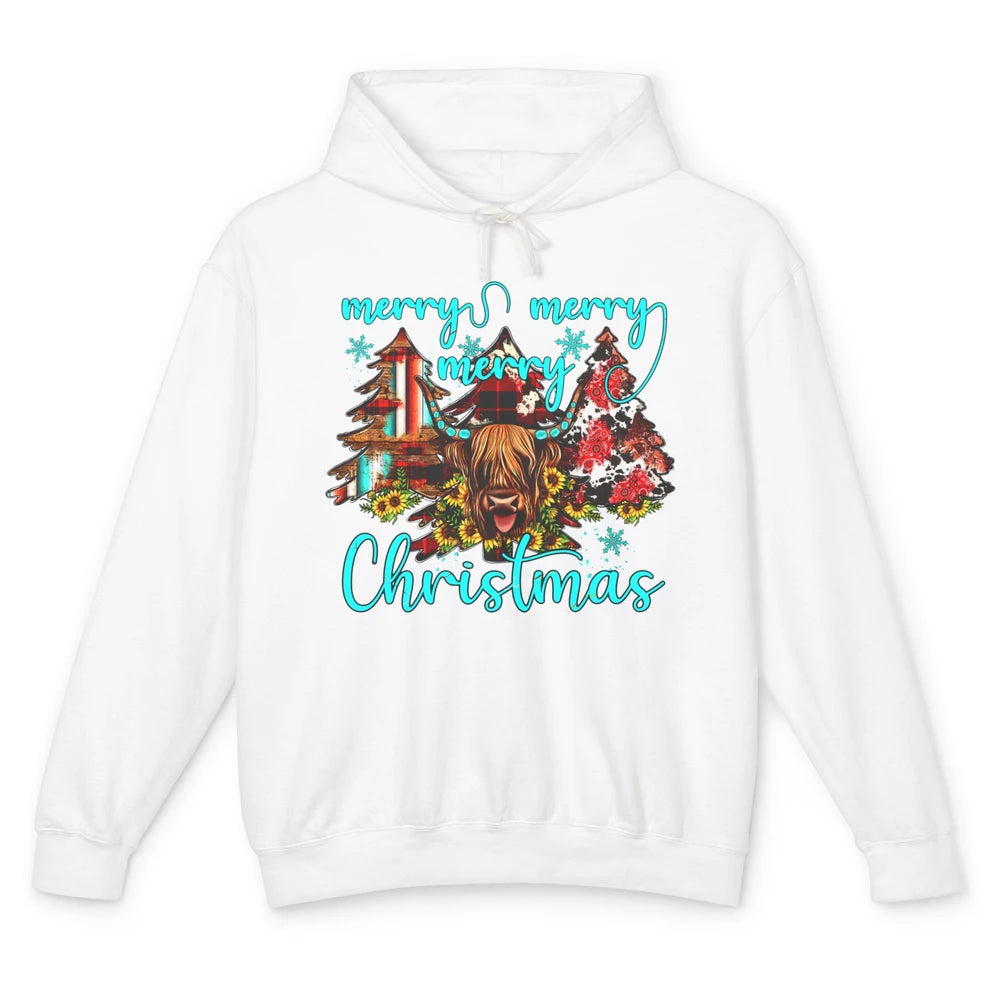 Highland Cow Merry Christmas Heifer Western Country Cowboy Unisex Lightweight Hoodie