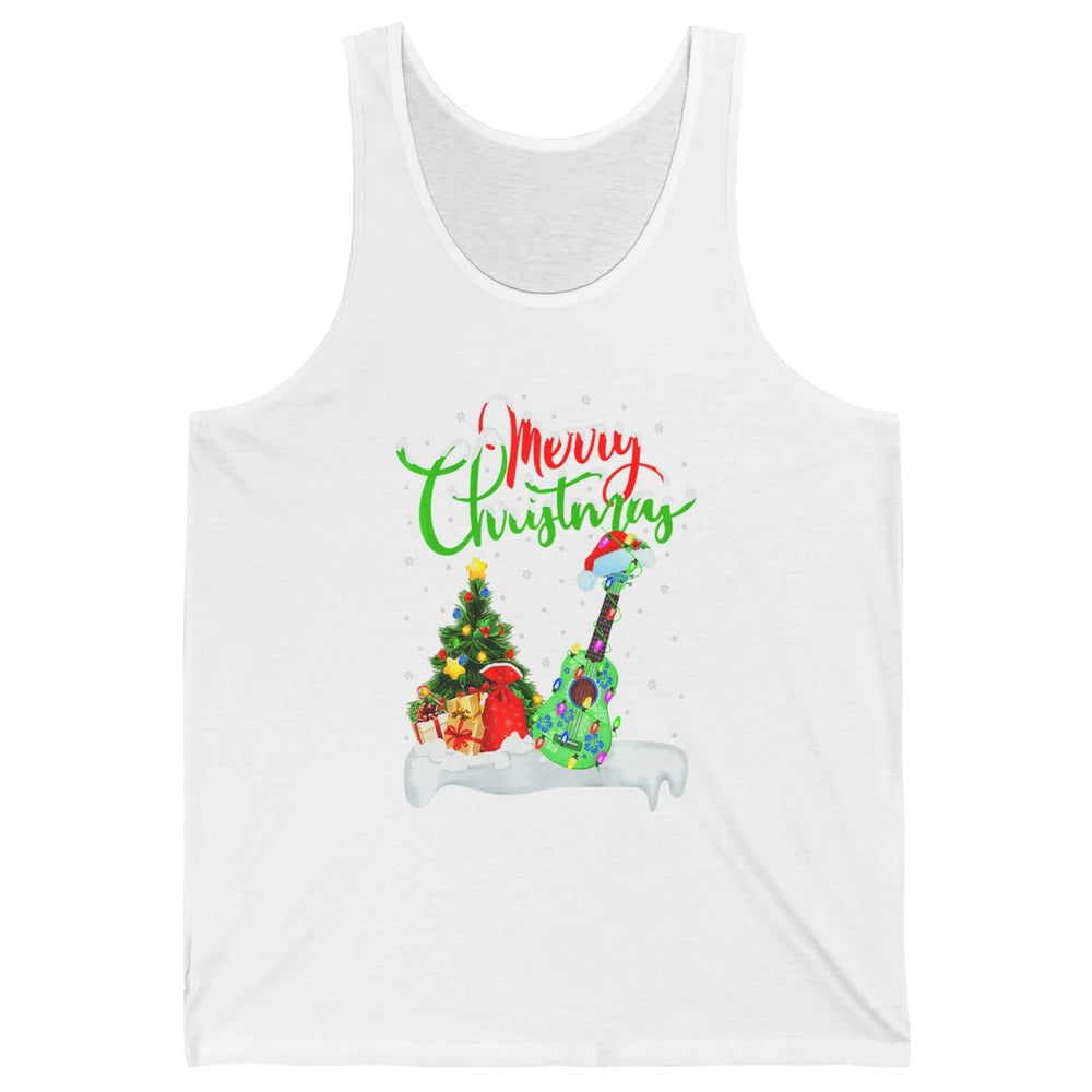 Merry Christmas Funny Ukulele Xmas Lights Santa Hat Music Unisex Jersey Tank