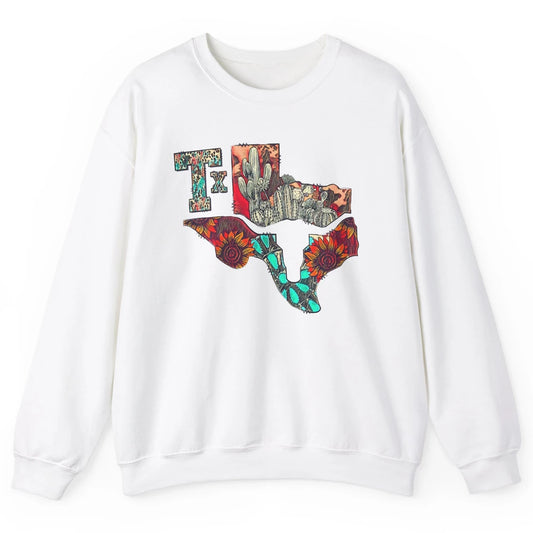 Texas Map Boho Texas State Leopard Western Desert Cactus Unisex Crewneck Sweatshirt