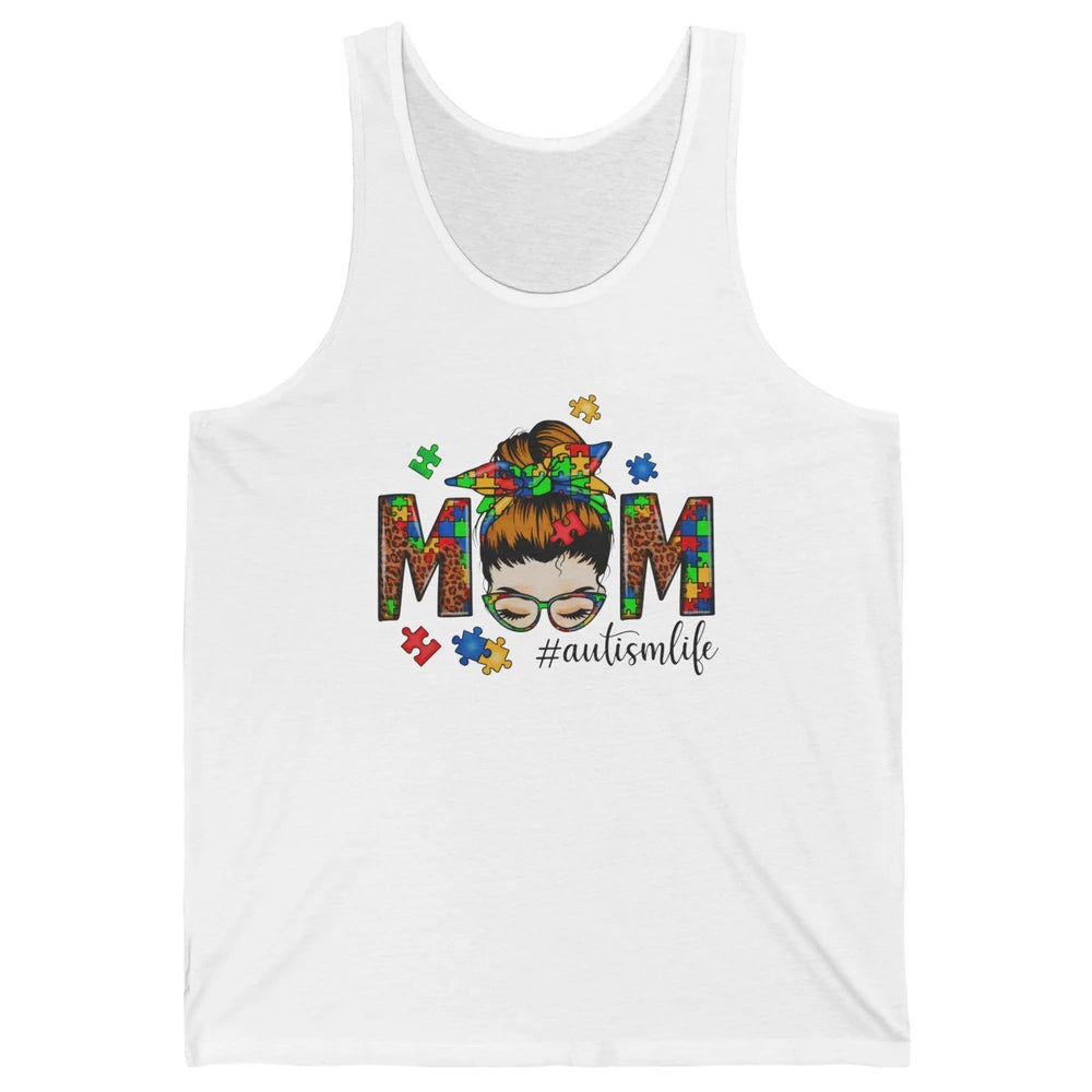 Autism Mom Messy Bun Hair Autism Leopard Puzzle Bandana Unisex Jersey Tank