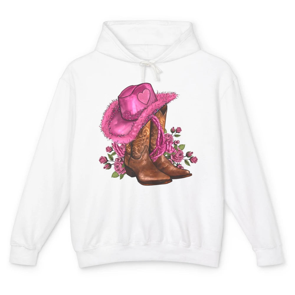 Valentines Day Hat Boots Cowgirl Pink Rose Flowers Retro Unisex Lightweight Hoodie