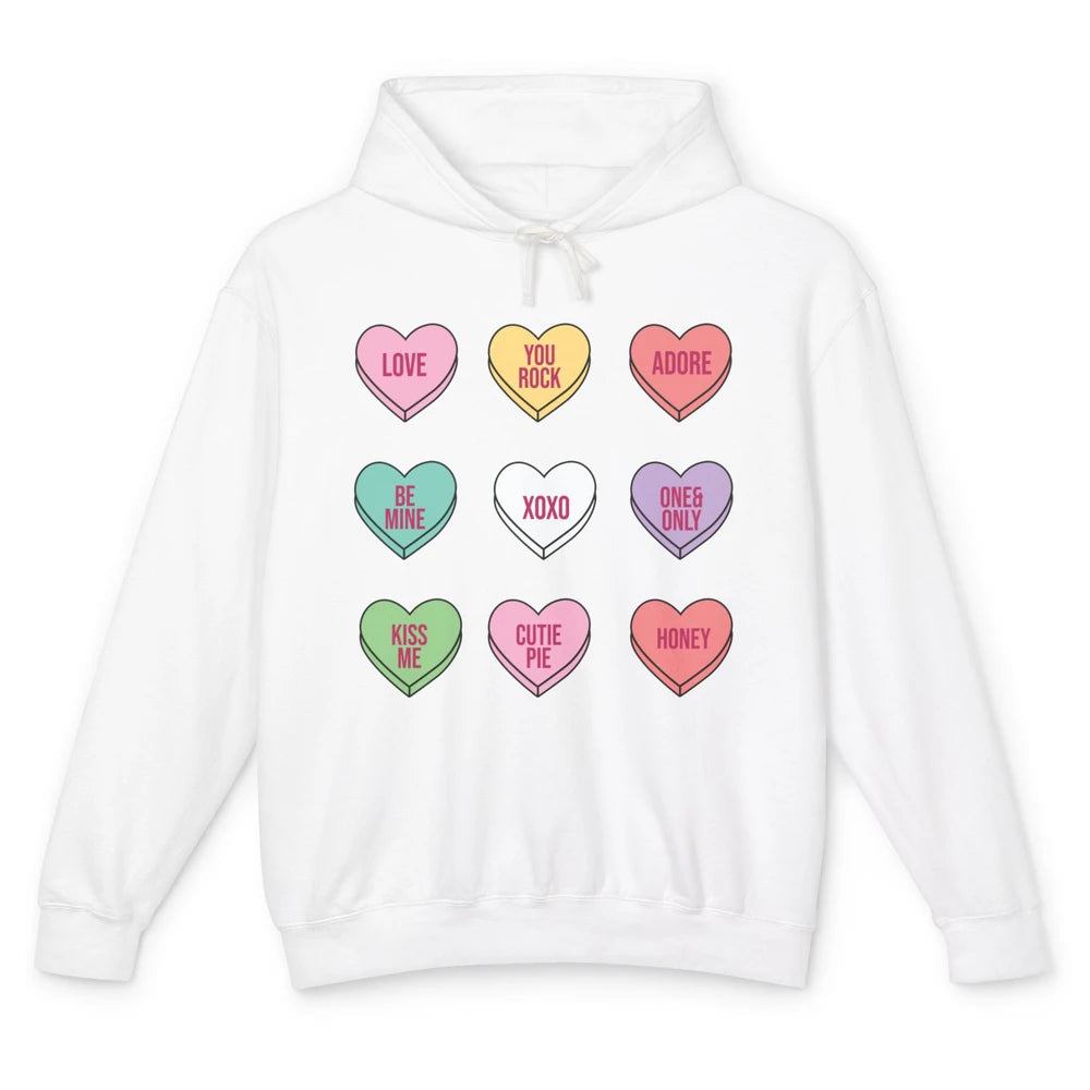 Conversation Hearts Valentines Love Boho V-Day Candy Rainbow Unisex Lightweight Hoodie