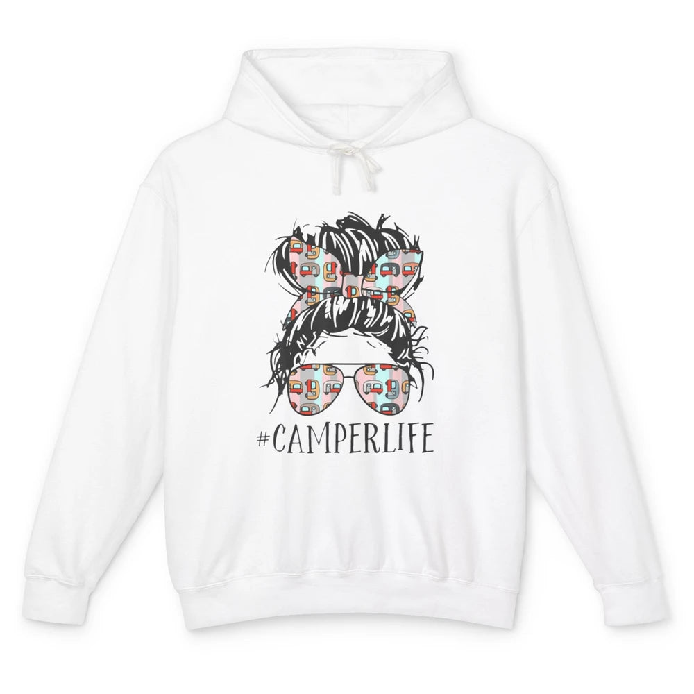 Camper Life Messy Bun Hair Mom Camping Outdoor Mothers Day Unisex Lightweight Hoodie