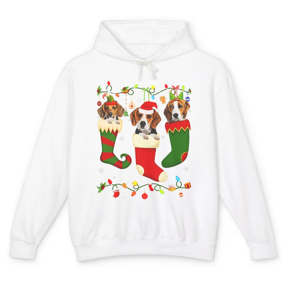 Funny Beagle Dog Christmas Tree Socks Xmas Lights Santa Hat Unisex Lightweight Hoodie