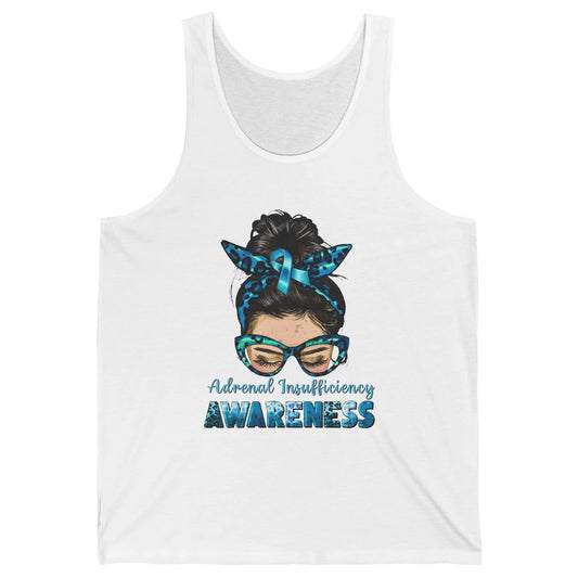 Adrenal Insufficiency Awareness Messy Bun Mom Blue Ribbon Unisex Jersey Tank