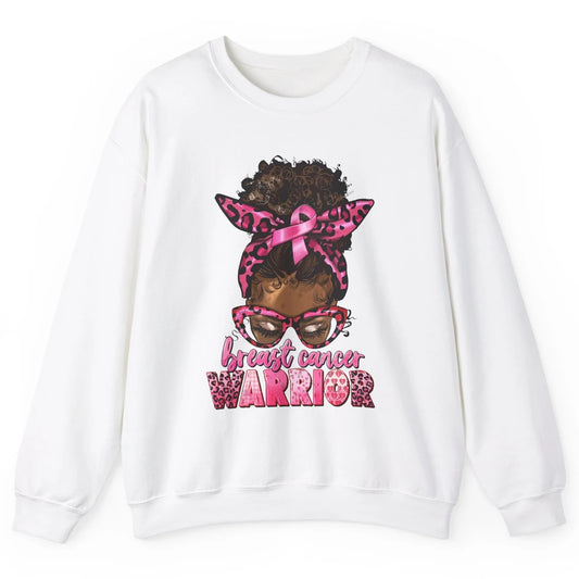 Afro Black Woman Breast Cancer Awareness Messy Bun Leopard Unisex Crewneck Sweatshirt