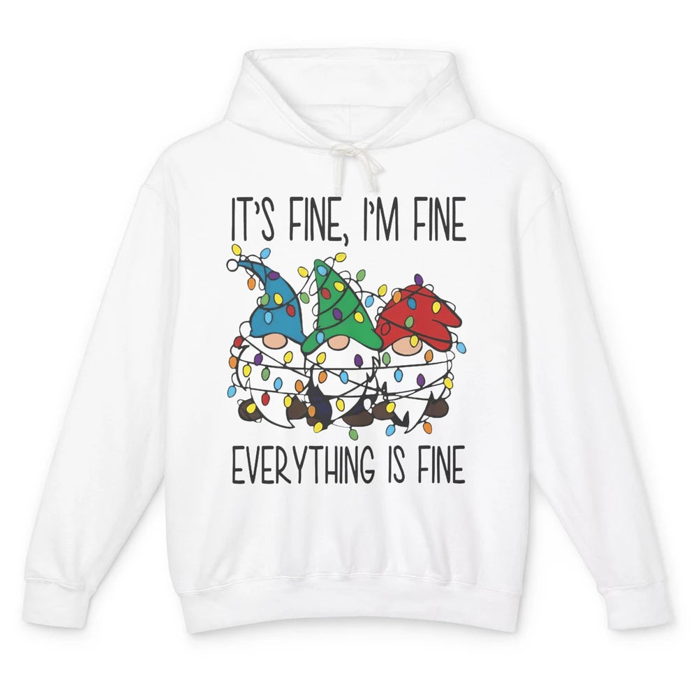 Funny Gnomes Christmas Light I'm Fine Everything's Fine Unisex Lightweight Hoodie