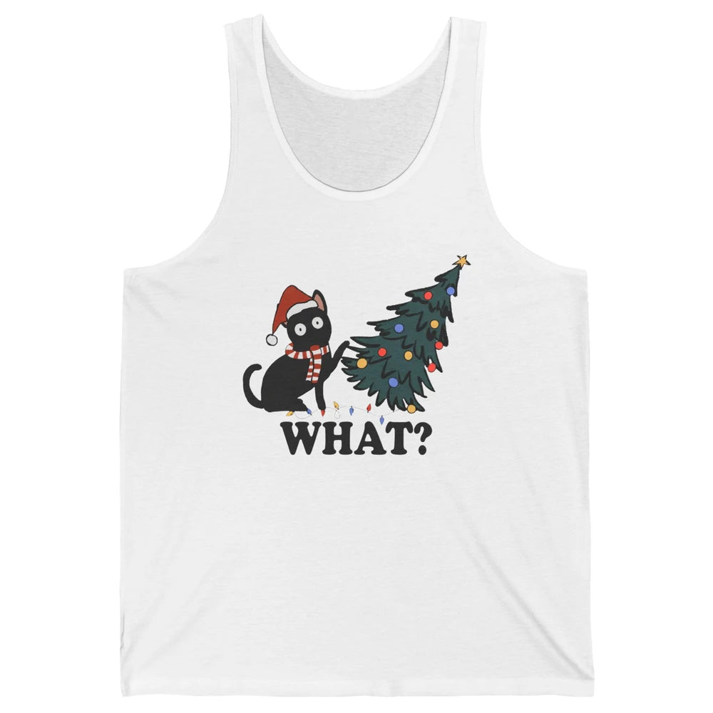 Funny Black Cat Pushing Christmas Tree What? Christmas Cat Unisex Jersey Tank