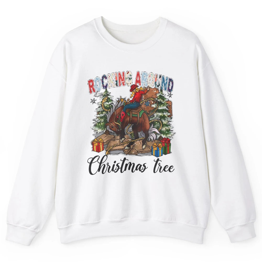 Funny Cowgirl Horsing Rocking Around Christmas Tree Western Unisex Crewneck Sweatshirt