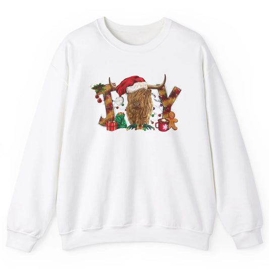 Highland Cow Joy Santa Hat Gingerbread Christmas Farm Gift Unisex Crewneck Sweatshirt