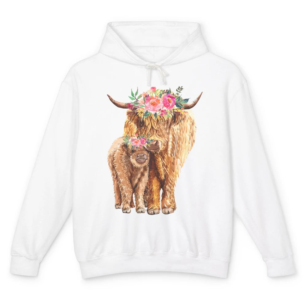 Floral Highland Cow Mom And Baby Western Country Heifer Mom Unisex Lightweight Hoodie