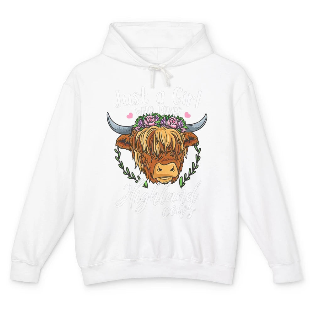 Vintage Just Girl Loves Highland Cow Floral Western Animal Unisex Lightweight Hoodie