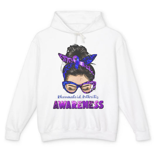 Rheumatoid Arthritis Messy Bun Mom Blue Purple Ribbon Unisex Lightweight Hoodie