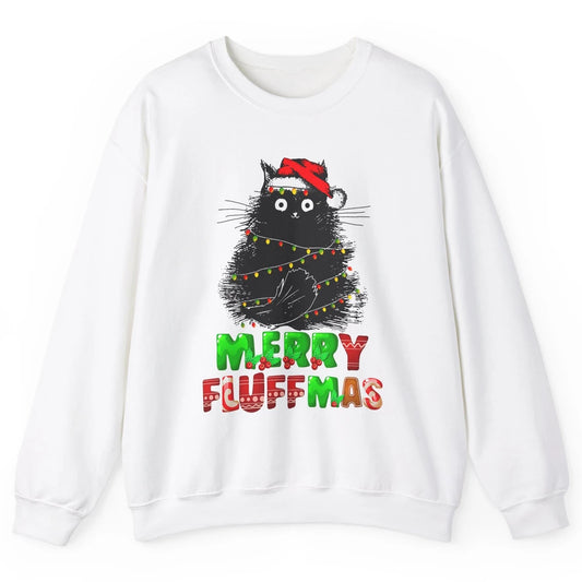 Merry Christmas Catmas Santa Hat Black Cat Xmas Lights Tree Unisex Crewneck Sweatshirt