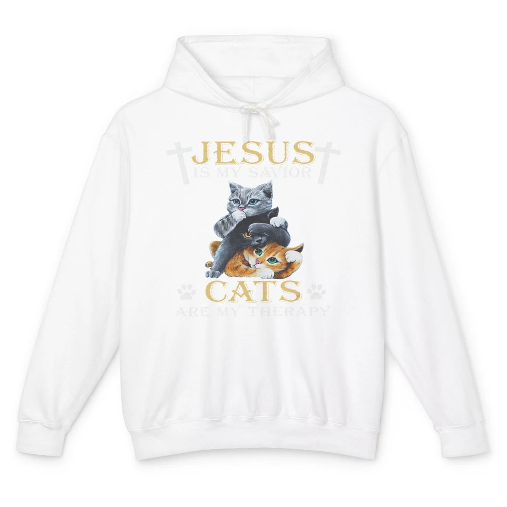 Jesus Is Savior Cats Are My Therapy Christian Cat Religious Unisex Lightweight Hoodie