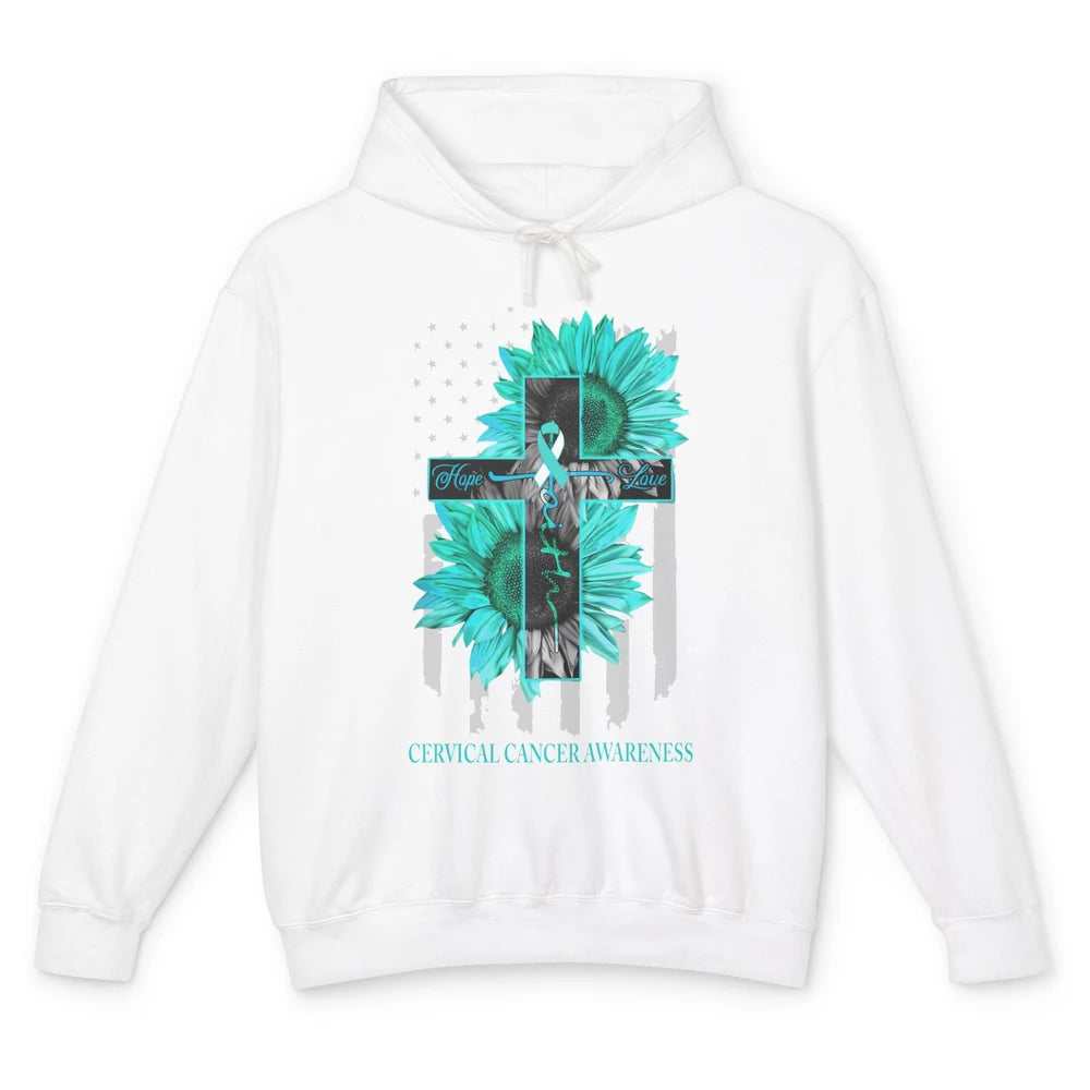 Cervical Cancer Faith Hope Turquoise US Flag Jesus Cross Unisex Lightweight Hoodie