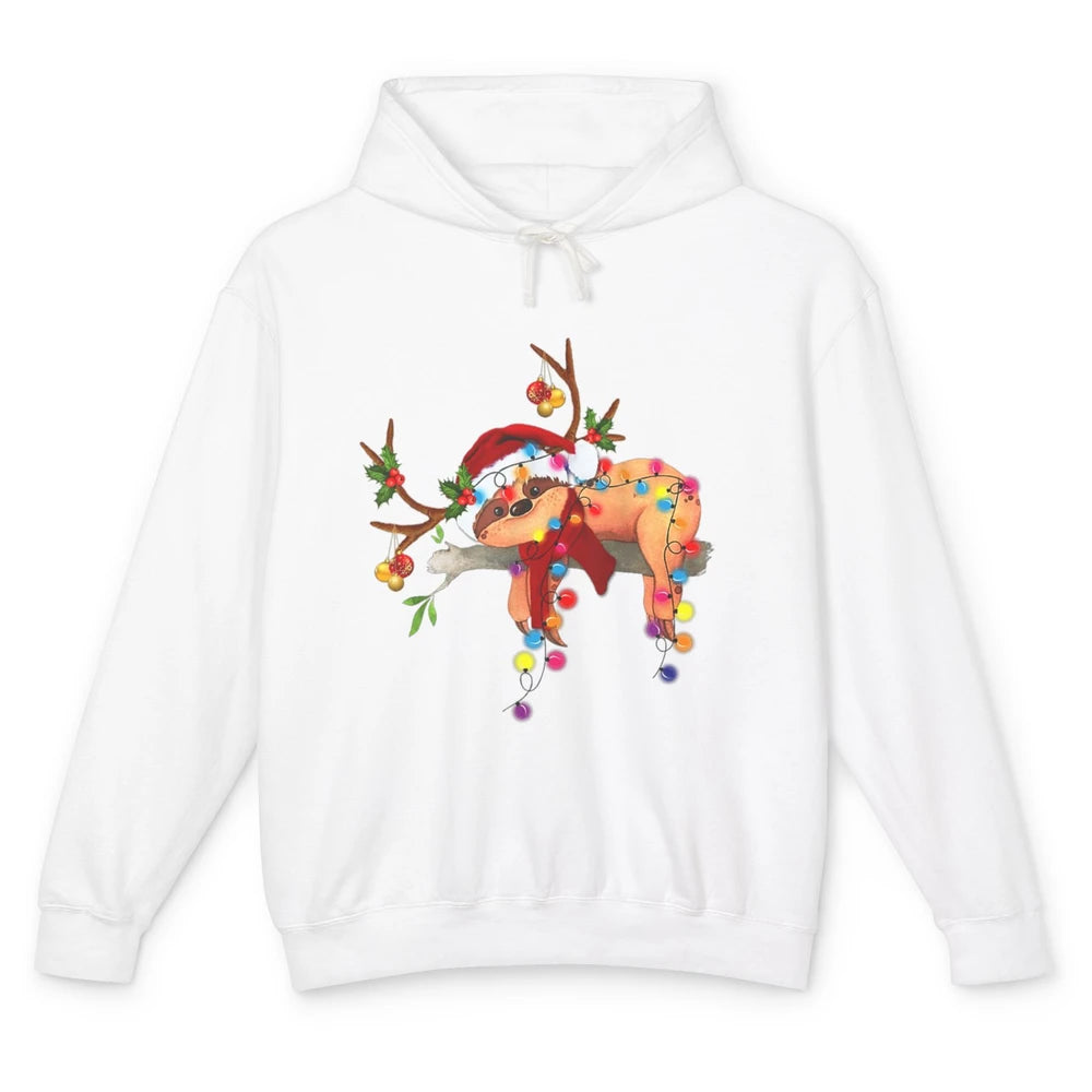 Merry Christmas Santa Claus Hat Sloth Reindeer Xmas Lights Unisex Lightweight Hoodie