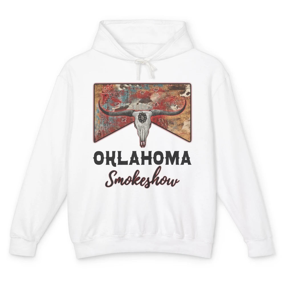 Boho Bull Skull Cow Print Oklahoma Smokeshow Western Country Unisex Lightweight Hoodie