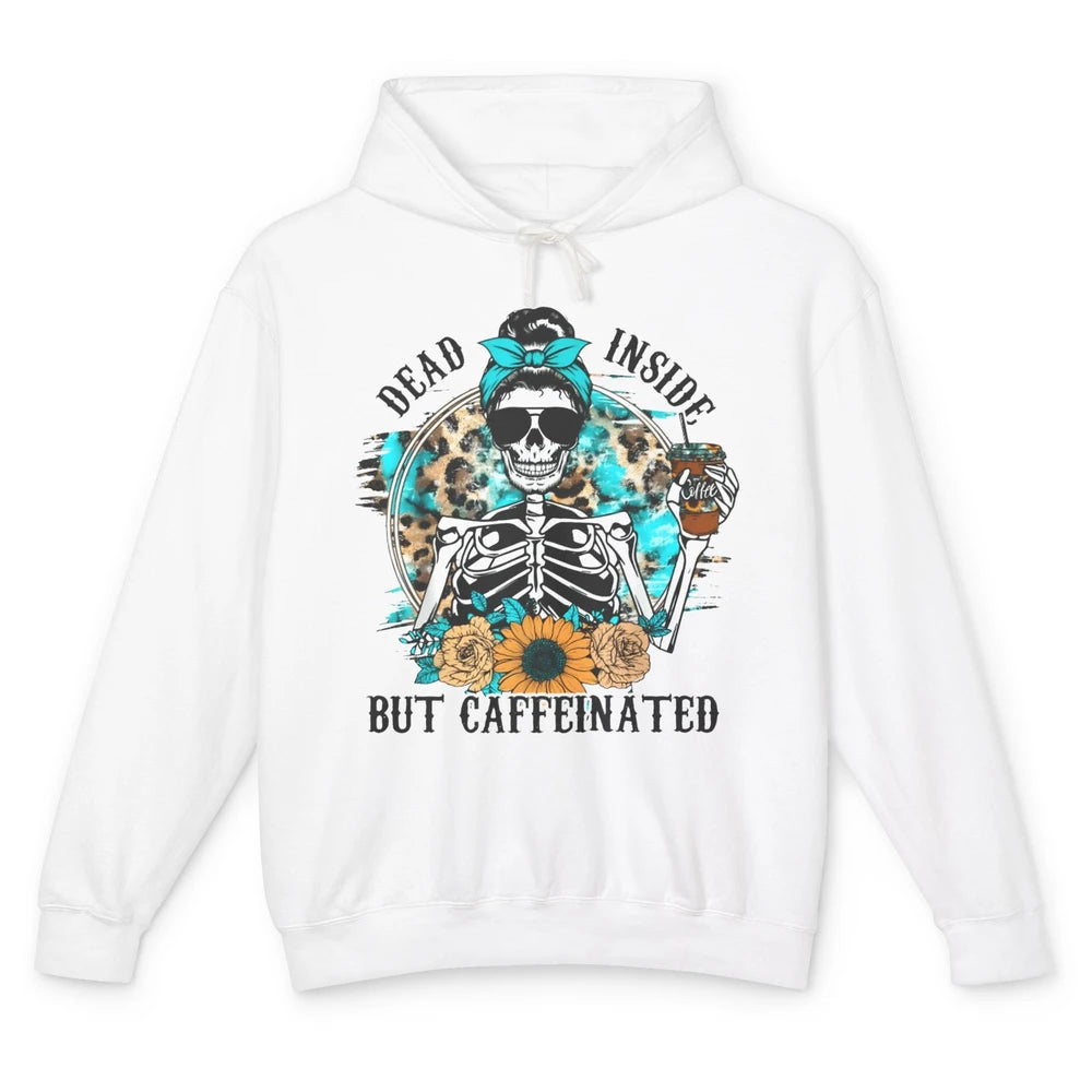 Funny Messy Bun Skull Dead Inside But Caffeinated Halloween Unisex Lightweight Hoodie