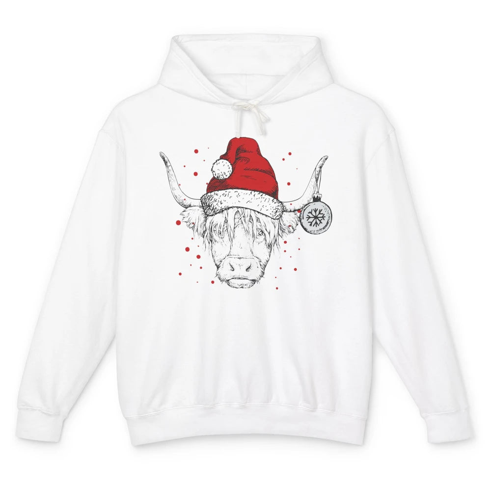 Cute Highland Cow Christmas With Santa Hat Western Xmas Cow Unisex Lightweight Hoodie