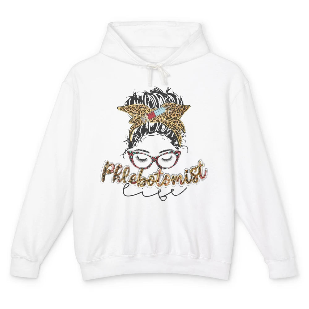 Retro Leopard Phlebotomist Life Messy Bun Mom Phlebotomy Unisex Lightweight Hoodie