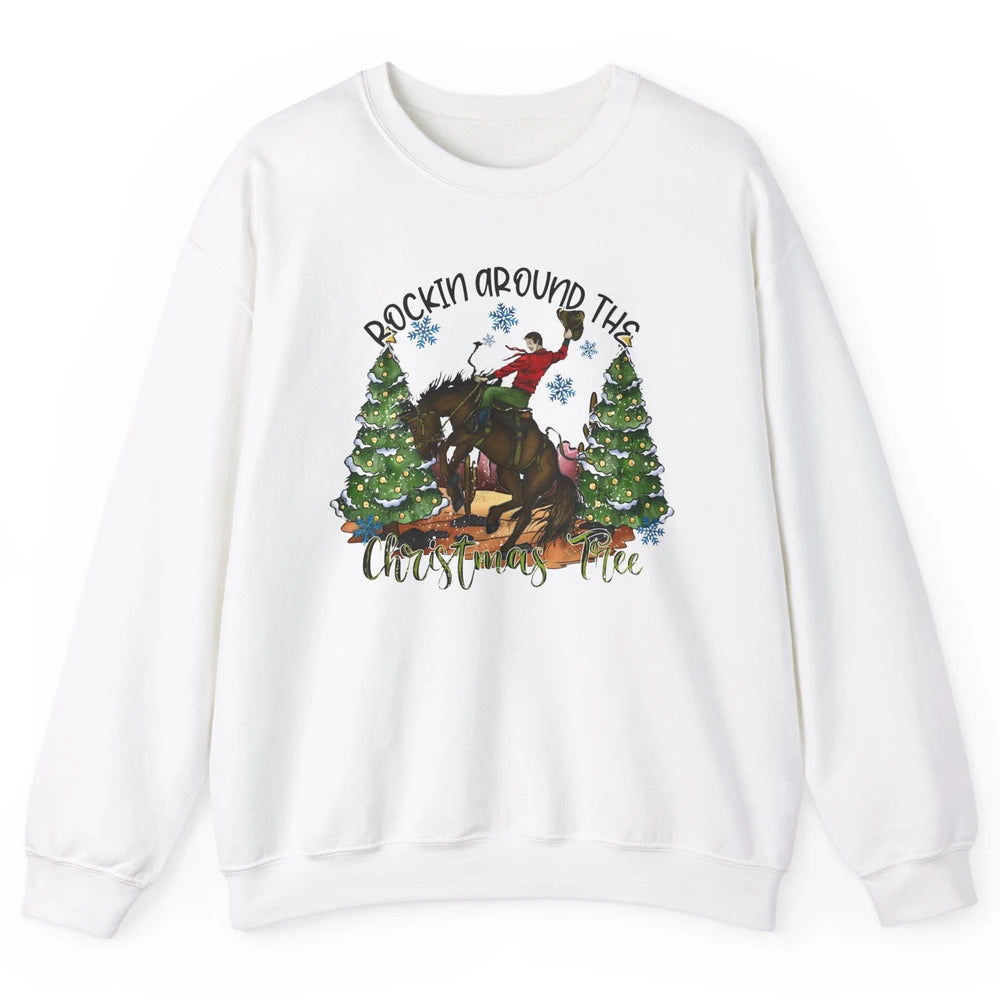 Funny Cowboy Horsing Rocking Around Christmas Tree Western Unisex Crewneck Sweatshirt