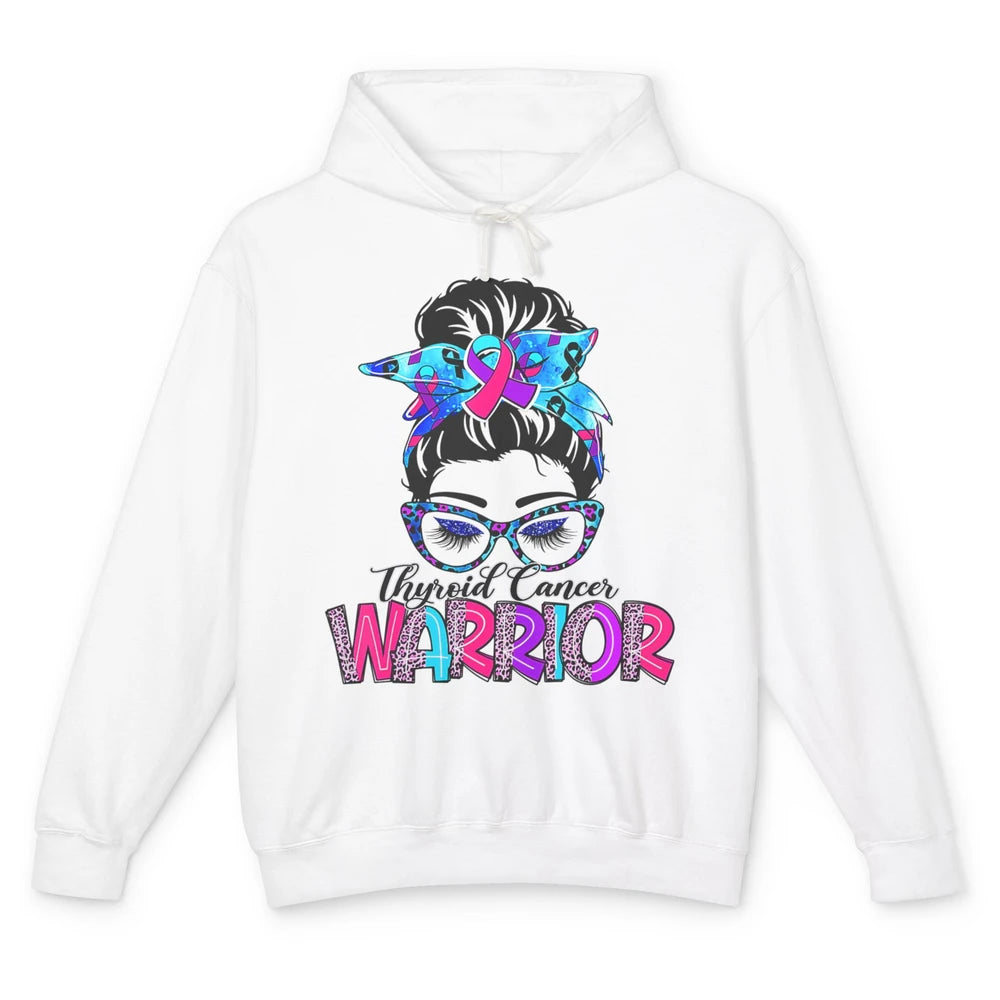 Messy Hair Bun Leopard Warrior Mom Thyroid Cancer Awareness Unisex Lightweight Hoodie