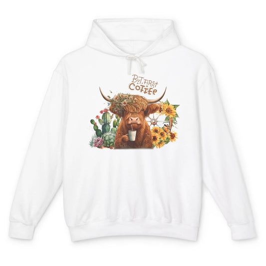 Desert Highland Cow But First Coffee Western Country Animal Unisex Lightweight Hoodie