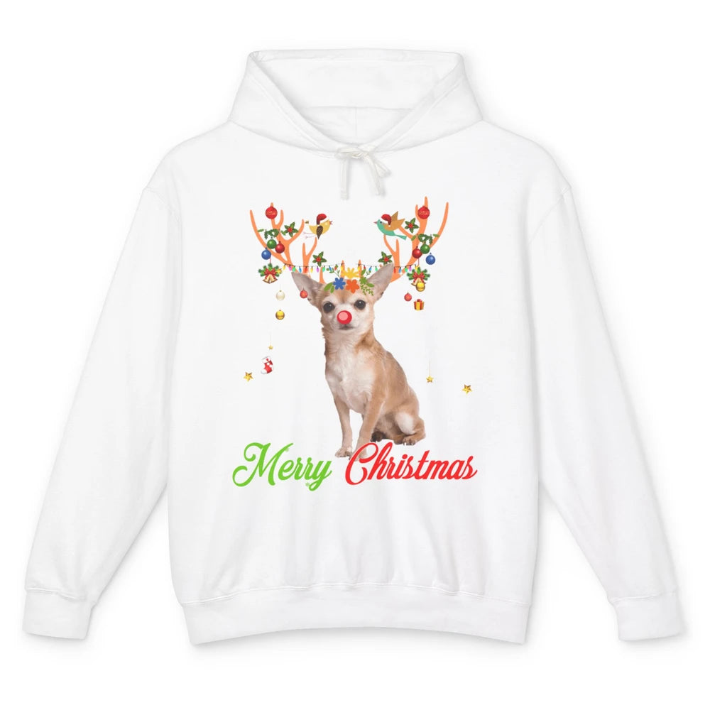 Merry Christmas Chihuahua Dog Santa Hat Xmas Reindeer Lights Unisex Lightweight Hoodie