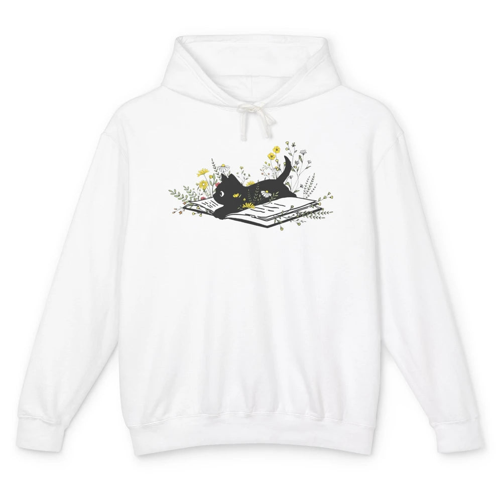 Cute Book Cat Floral Book Nerd Black Cat Lover Reader Gift Unisex Lightweight Hoodie