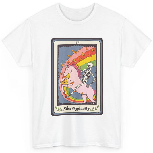 Retro Skeleton Rides Unicorn The Audacity Tarot Card Rainbow Classic Unisex T-Shirt