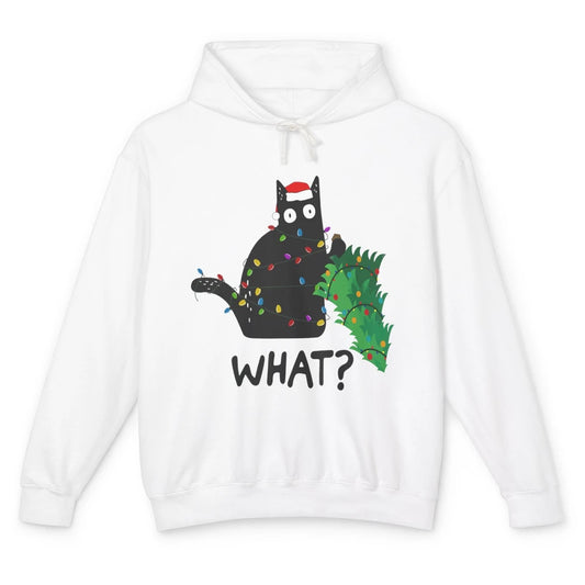 Black Cat Pushing Christmas Tree What Xmas Lights Santa Hat Unisex Lightweight Hoodie