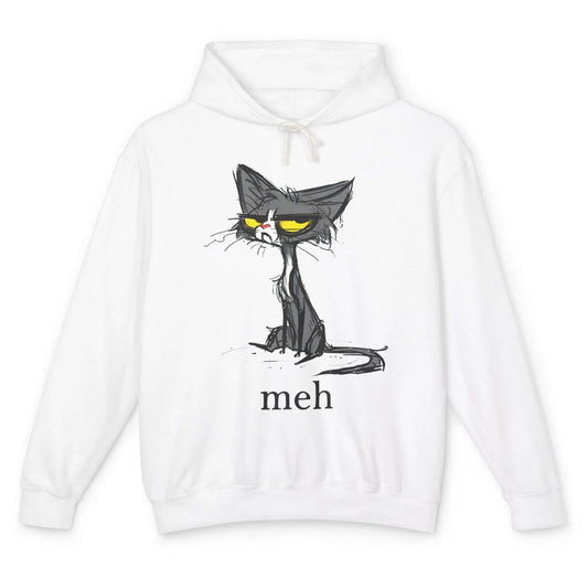 Funny Meh Grumpy Black Cat Sarcastic Kitten Angry Cat Mom Unisex Lightweight Hoodie