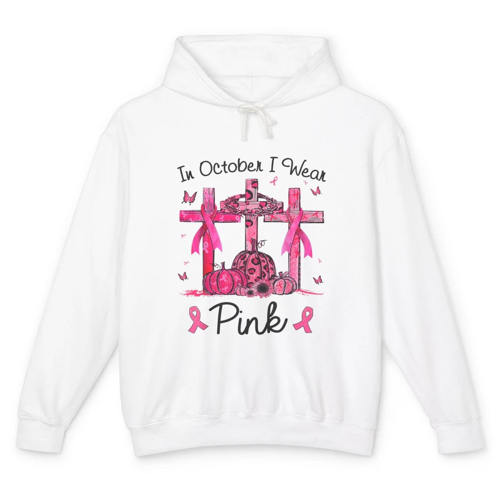 Cross Pumpkin Christian Pink Ribbon Breast Cancer Awareness Unisex Lightweight Hoodie