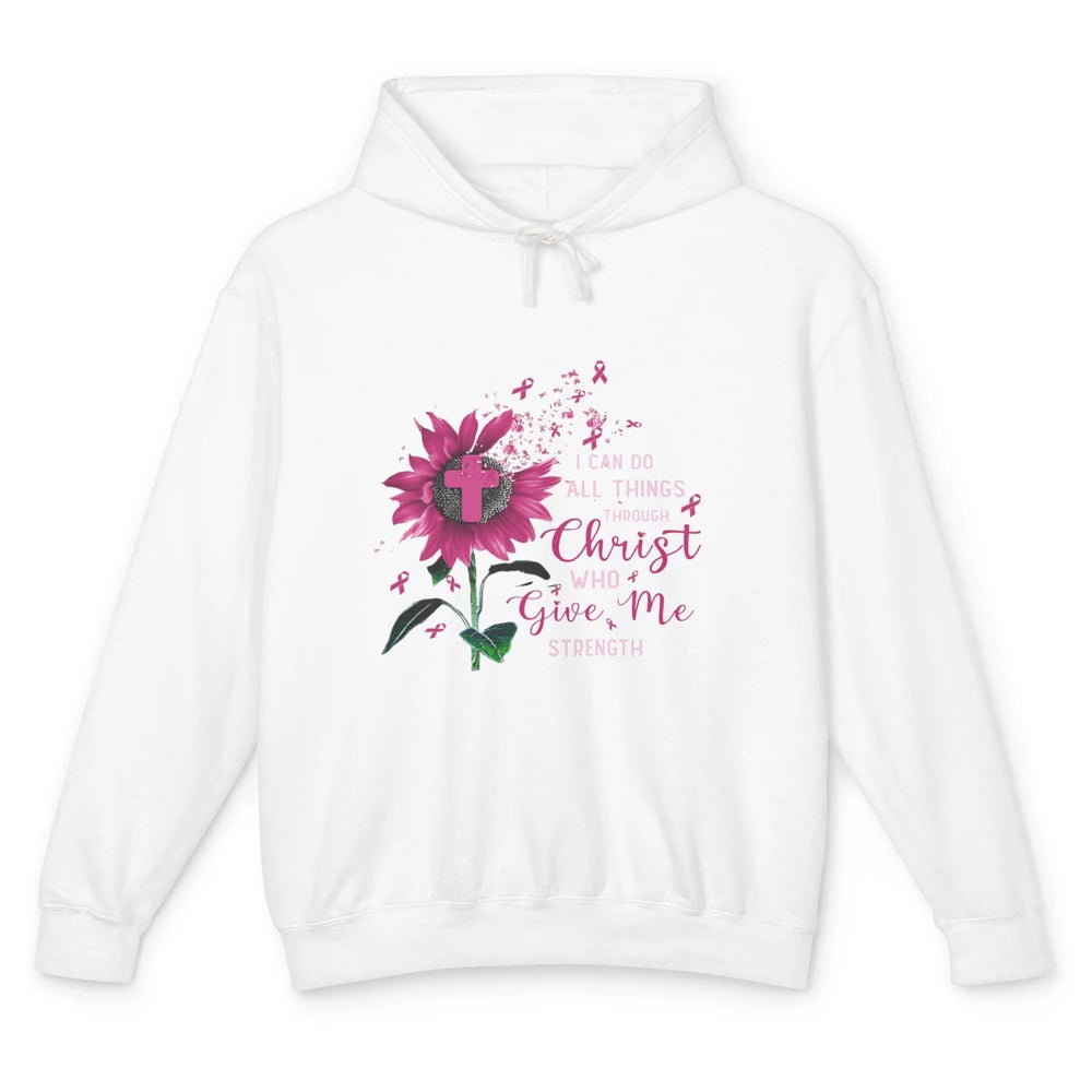 Breast Cancer Month Sunflower God Strength Cross Pink Ribbon Unisex Lightweight Hoodie