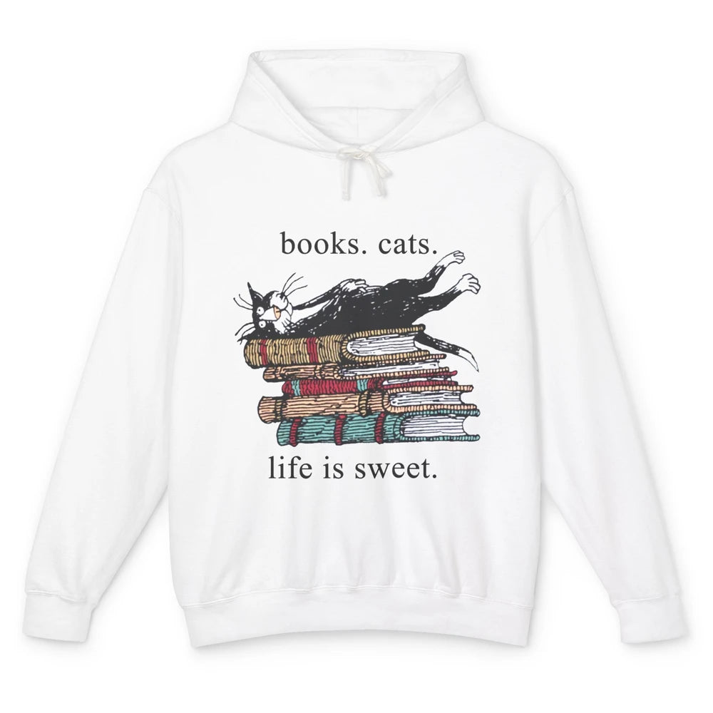 Books Cats Life Is Sweet Cat Book Lovers Reading Book Unisex Lightweight Hoodie