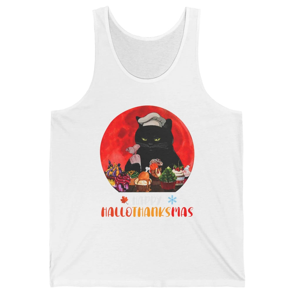 Black Cat Happy Hallothanksmas Baker Cat Halloween Christmas Unisex Jersey Tank