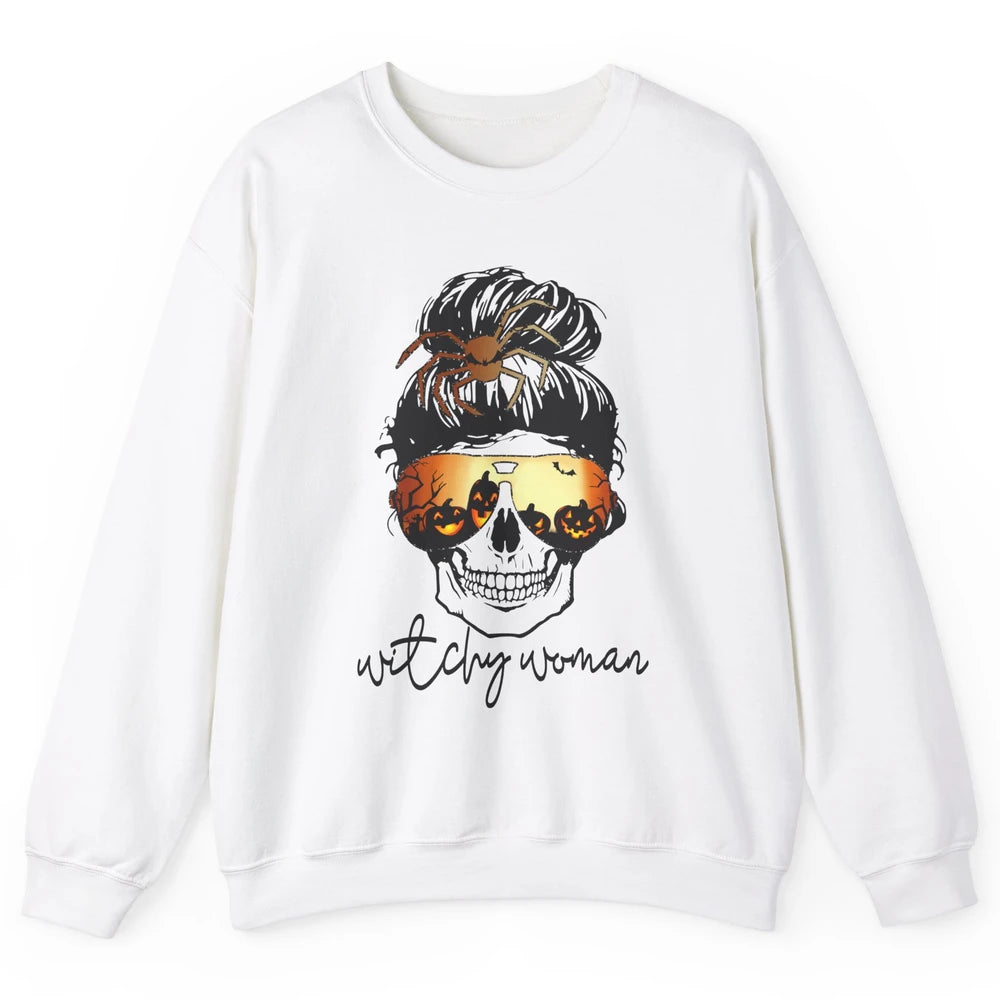 Witchy Woman Messy Bun Hair Skull Halloween Pumpkin Costume Unisex Crewneck Sweatshirt