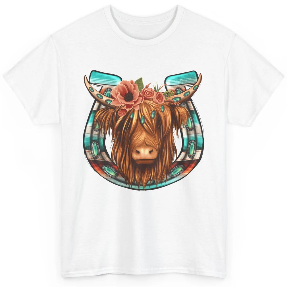 Floral Highland Cow Heifer Horseshoe Western Country Cowboy Classic Unisex T-Shirt