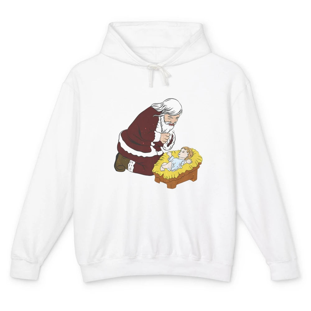 Merry Christmas Kneeling Santa Claus With Baby Jesus Xmas Unisex Lightweight Hoodie