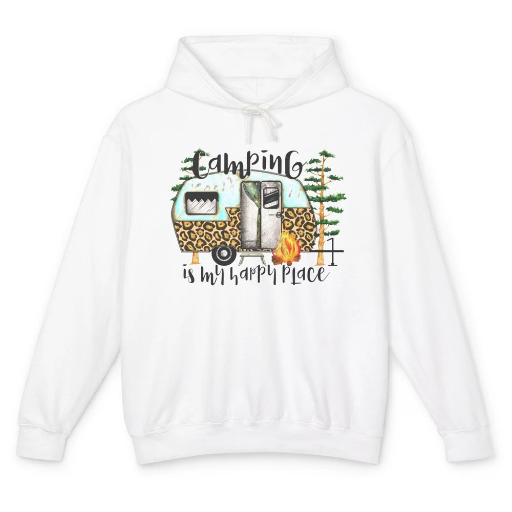 Campers Camping Is My Happy Place Leopard Camping Lover Gift Unisex Lightweight Hoodie