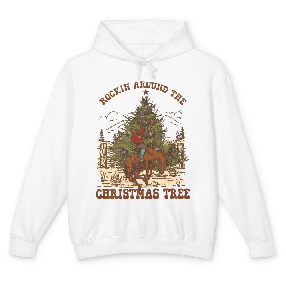 Funny Cowboy Horsing Rocking Around Christmas Tree Western Unisex Lightweight Hoodie