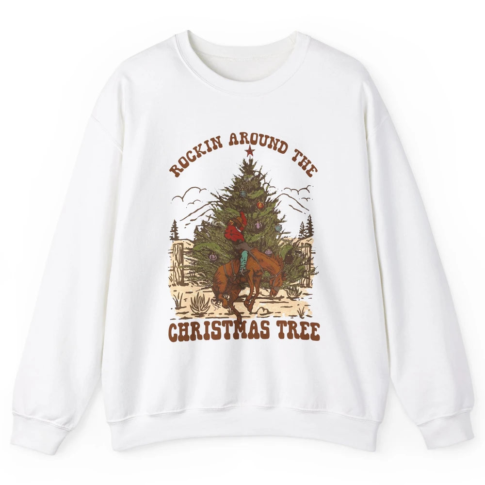 Funny Cowboy Horsing Rocking Around Christmas Tree Western Unisex Crewneck Sweatshirt